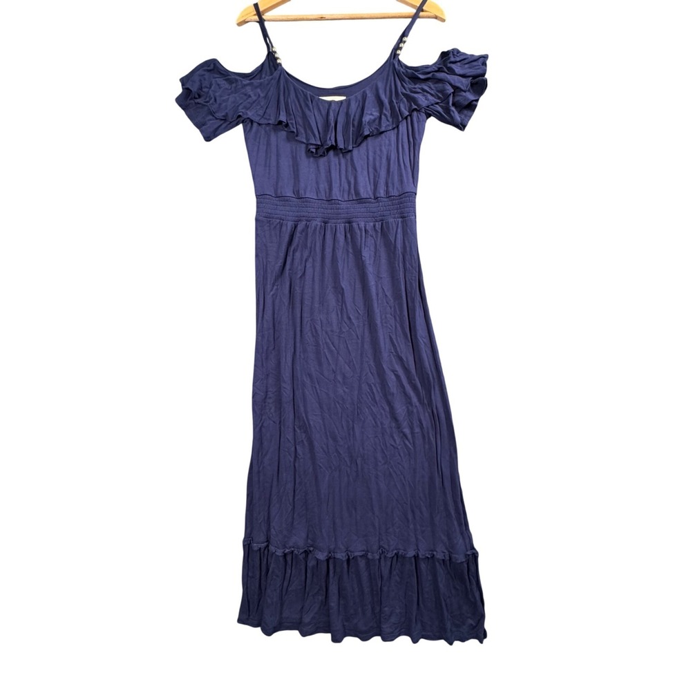 Michael Kors Womens S Blue‎ Boho Cold Shoulder Maxi Dress Studded Ruffle Indie